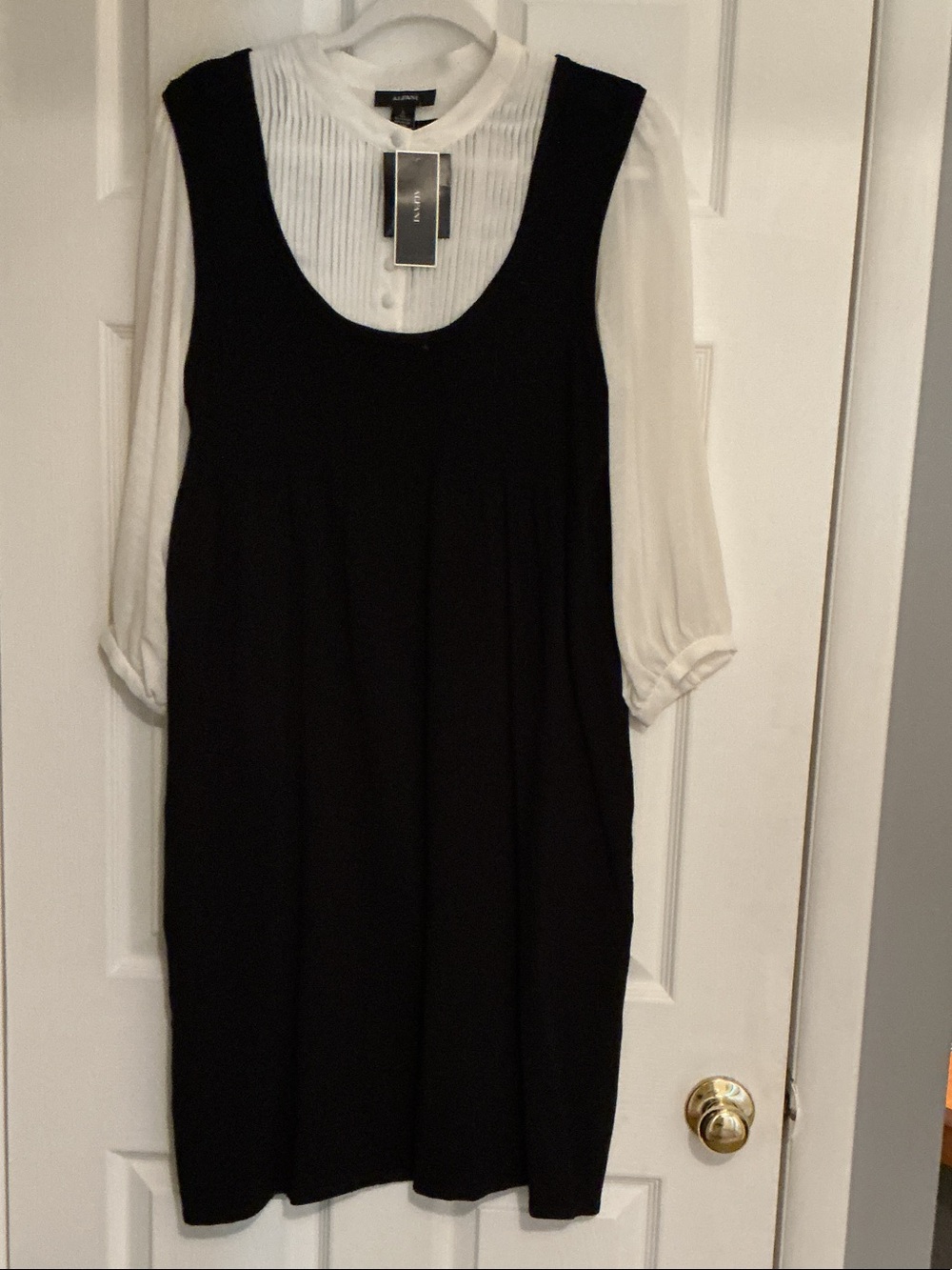 Alfani Black Sweater Dress with White Pleated Blouse Overlay